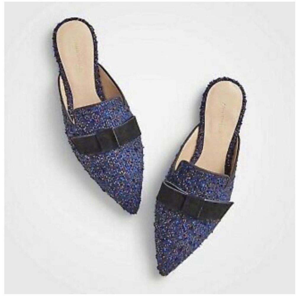 Ann Taylor Elsie tweed bow mule slides Flats pointed slide on Shoes Sz 9.5 Navy